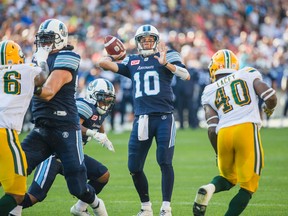 Toronto Argonauts quarterback Kilgore Logan during 1st half action against the Edmonton Eskimos at BMO Field in Toronto, Ont. on Saturday August 20, 2016. (Ernest Doroszuk/Postmedia Network)