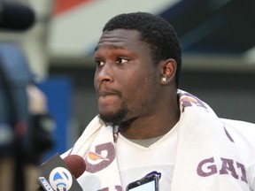 In this June 14, 2016, file photo, Buffalo Bills running back Karlos Williams (29) speaks to the media at the team's NFL football minicamp in Orchard Park, N.Y. (AP Photo/Bill Wippert, File)