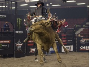 Aylmer, Ont. cowboy Dusty McMullen rides Conviction at Saturday's PBR Bullriding show at TD Place Arena. (Bruce Deachman, Ottawa Citizen) BRUCE DEACHMAN / BRUCE DEACHMAN