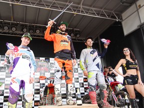 The top three of the Pro Super-Final. To the left in third place is Joey Crown, the winner, Kaven Benoit and in second place is Brad Nauditt.(Shaun Gregory/Huron Expositor)