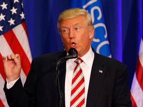 In this Aug. 16, 2016 file photo, Republican presidential candidate Donald Trump speaks at a campaign rally in West Bend, Wis. (AP Photo/Gerald Herbert, File)