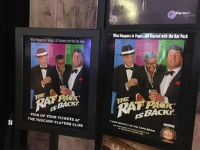 In this Aug. 12, 2016 photo, posters advertising an upcoming Rat Pack tribute show is shown at the Tuscany Suites and Casino in Las Vegas. Although Frank Sinatra's presence in Sin City has faded, fans can still locate pieces of his Las Vegas legacy with a little homework and a desire to look beyond popular, contemporary tourist attractions. (AP Photo/Russell Contreras)
