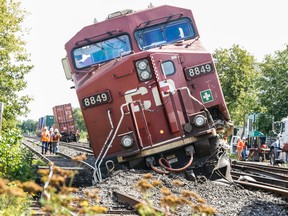 Two Canadian Pacific freight trains clipped each other causing a derailment in the Dupont St. and Spadina Rd. area on Aug. 21, 2016. (Dave Thomas/Toronto Sun)