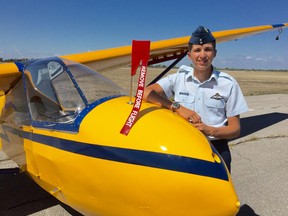 Owen Sutherland, a 16-year-old from Ingersoll, earned the "Top Stick" award for best flying abilities at an air cadets program in eastern Ontario this summer. He learned to fly glider planes, like the one show here. Sutherland said he's dreamed of being a pilot since he was eight years old. (Submitted)