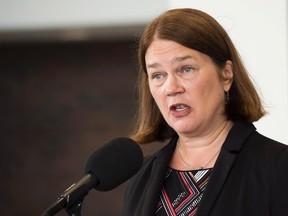 Federal Health Minister Jane Philpott speaks to the media the Liberal cabinet retreat in Sudbury, Ont., on Sunday, August 21, 2016. THE CANADIAN PRESS/Nathan Denette
