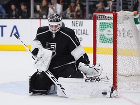 Los Angeles Kings goalie Jhonas Enroth makes a save against the Buffalo Sabres during the first period of a game in L.A. on Feb. 27, 2016. (THE CANADIAN PRESS/Danny Moloshok)