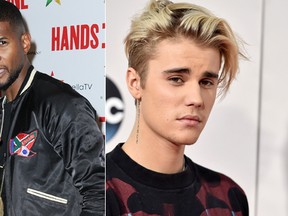 A split image of Usher and Justin Bieber. (Richard Shotwell/Invision/AP & Jordan Strauss/Invision/AP, File)