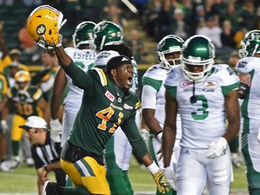 Odell Willis celebrates the Esks' win over the Roughriders in early July. (Ed Kaiser)