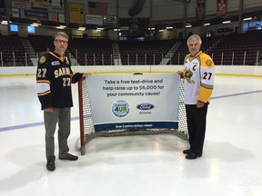 Richard Kelch, campaign chair of the United Way of Sarnia-Lambton, and Lambton Ford President Rob Ravensberg stand at centre ice in the Progressive Auto Sales Arena. 
Submitted photo for SARNIA THIS WEEK