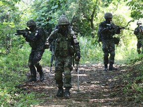 South Korean army soldiers conduct a patrol drill inside the Demilitarized Zone in Paju, South Korea, near the border with North Korea, Wednesday, Aug. 3, 2016. (Lim Byung-shick/Yonhap via AP)