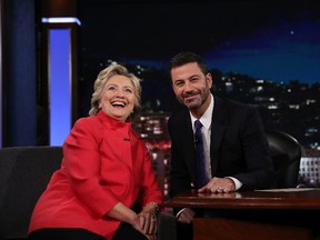 Democratic presidential nominee former Secretary of State Hillary Clinton talks with Jimmy Kimmel on the set of Jimmy Kimmel Live on August 22, 2016 in Los Angeles, California. Hillary Clinton taped an appearance on Jimmy Kimmel Live while in Southern California to attend fundraisers.  (Photo by Justin Sullivan/Getty Images)