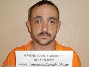 A photo provided by the Greene County Sheriff's Department shows Derrick Dearman, a suspect in the Saturday massacre of five adults in Citronelle Ala. Dearman, of Leakesville, Mississippi, will be charged with six counts of capital murder, Mobile County sheriff's spokeswoman Lori Myles said Sunday, Aug. 21, 2016. (George County Sheriff's Department via AP)