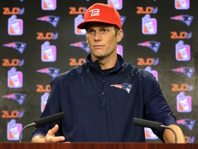 Patriots quarterback Tom Brady takes questions from members of the media during a news conference before a practice in Foxborough, Mass., on Tuesday, Aug. 23, 2016. (Steven Senne/AP Photo)