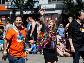 Alberta Premier Rachel Notley takes part during the 2016 Edmonton Pride Festival Parade in Old Strathcona in Edmonton, Alta., on Saturday, June 4, 2016. (Codie McLachlan/Postmedia)