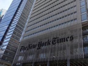 This file photo taken on April 27, 2016 shows the sign on the west side of the New York Times building at 620 Eighth Avenue in New York. (DON EMMERTDON EMMERT/AFP/Getty Images)