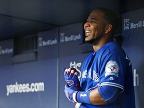 Toronto Blue Jays' Edwin Encarnacion smiles in the dugout after hitting an eighth-inning, two-run off New York Yankees relief pitcher Adam Warren in a game in New York on Aug. 16, 2016. (AP Photo/Kathy Willens)