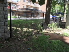 Allison Gibson points the spot that she says men from the neighbouring apartment build use as a urinal in London, Ont. on Sunday August 21, 2016. (DEREK RUTTAN, The London Free Press)