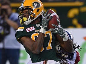Eskimos WR Derel Walker, shown here at a game against the Alouettes in Edmonton on Aug. 11, has caught 147 passes for 1,947 yards in his short CFL career. (Ed Kaiser)