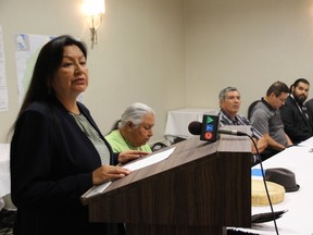 Moose Cree Chief Patricia Faries reaffirms the Homeland Declaration over her First Nation's territory along with members of her band council on Tuesday.