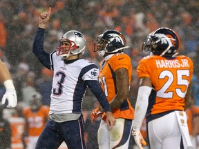 Yes, Stephen Gostkowski (3), you are No. 1 among fantasy kickers. (AP Photo/Joe Mahoney)