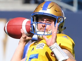 Winnipeg Blue Bombers quarterback Matt Nichols prepares to toss the ball during CFL football practice in Winnipeg, Man. Monday August 22, 2016.