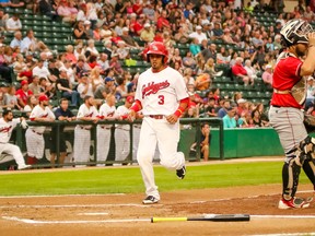 Veteran shortstop Maikol Gonzalez runs during Goldeyes vs. Fargo Red Hawks, Aug. 23, 2016.