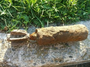 This mortar found at the former site of Camp X in Oshawa was safely detonated today by military bomb experts, Durham Regional Police said. (Photo courtesy DRPS/Twitter)