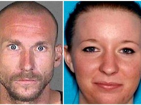 This undated wanted poster provided by the Los Angeles County Sheriff's Department shows a wanted poster of suspects Joshua Robertson, 27, and Brittany Humphrey, 22, who authorities are seeking in the killing of a woman and kidnapping her three small children and leaving the state. (Los Angeles County Sheriff's Department via AP)