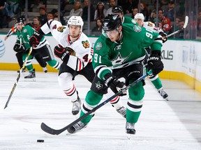 Tyler Seguin of the Dallas Stars handles the puck against the Chicago Blackhawks at the American Airlines Center on March 11, 2016. (Glenn James/NHLI via Getty Images)