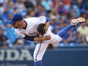 Marco Estrada of the Toronto Blue Jays delivers a pitch in the first inning during MLB game action against the Los Angeles Angels of Anaheim on Aug. 24, 2016 at the Rogers Centre in Toronto. (Tom Szczerbowski/Getty Images)