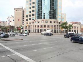 Traffic moves through the intersection of Portage and Main. (Brian Donogh/Winnipeg Sun file photo)