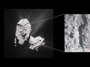 Rosetta’s instruments detected an outburst event from Comet 67P/Churyumov–Gerasimenko on Feb. 19, 2016. The source was traced back to a location in the Atum region, on the comet’s large lobe, as indicated in this image. The inset image was taken a few hours after the outburst by Rosetta’s NavCam and shows the approximate source location. The image at left was taken on March 21, 2015 and is shown for context, and so there are some differences in shadowing/illumination as a result of the images being acquired at very different times. (Rosetta NavCam/ESA via AP)