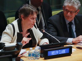 Former New Zealand prime minister Helen Clark, left, who heads the UN Development Programme, believes “the concept is good” with the Responsibility to Protect (R2P) doctrine. (Bebeto Matthews/The Associated Press)