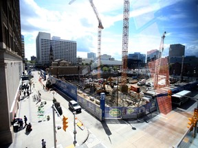True North Square, as seen through the windows from MTS Centre, on Thursday. (CHRIS PROCAYLO/WINNIPEG SUN PHOTO)