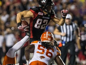 Redblacks wide receiver Greg Ellingson runs for extra yards after catching a pass against the B.C. Lions. (Errol McGihon, Ottawa Sun)
