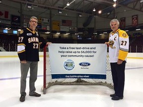 United Way of Sarnia-Lambton campaign chair Richard Kelch goes over the final details of the Sarnia Sting Black and White game and the Ford Test DRIVE 4UR Community event with Lambton Ford owner Rob Ravensberg.  The events take place on Tuesday, Aug. 30 in Sarnia. For every test drive registration, Ford Canada will donate $20 to the United Way.