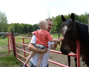 Chase Kanee, 3, gets a helping hand from his father Sean as they visit with one of the horses at Newman Country Retreat Farm on Aug. 21. - Photo by Marcia Love