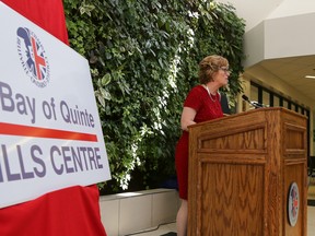 Tim Miller/The Intelligencer
Loyalist College president Maureen Piercy speaks to representatives from Belleville, Quinte West, Hastings County and Prince Edward County during the naming of the Bay of Quinte Skills Centre on Friday.
