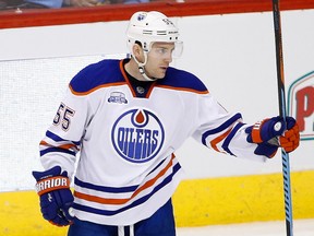 Edmonton Oilers' Mark Letestu celebrates his goal against the Arizona Coyotes Tuesday, March 22, 2016, in Glendale, Ariz.