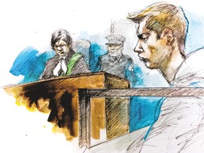 A sketch of Brett Ryan in court on Aug. 26, 2016.  (PAM DAVIES ILLUSTRATON)