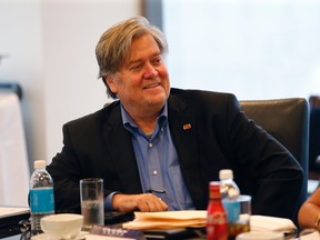 Stephen Bannon, Republican presidential candidate Donald Trump's campaign chairman, attends Trump's Hispanic advisory roundtable meeting in New York, Saturday, Aug. 20, 2016. (AP Photo/Gerald Herbert)