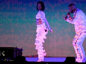 Rihanna and Drake perform on stage at the BRIT Awards 2016 at The O2 Arena on Feb. 24, 2016 in London, England.  (Photo by Ian Gavan/Getty Images)