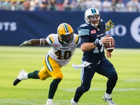 Argonauts backup QB Cody Fajardo is chased down during a recent loss to the Edmonton Eskimos. With a 4-4 record and Labour Day approaching, Toronto will be looking for a win on Wednesday against B.C. to stay in the thick of things in the East. (Ernest Doroszuk/Toronto Sun)
