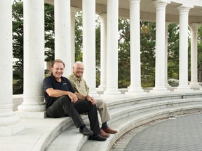 Mary Katherine Keown/The Sudbury Star
Lucio Fabris and his godfather, John Masotti, at the colonnade. The Sept. 1 concert will be held in front of the colonnade and fountain, under the starry skies.