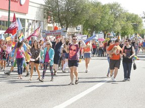 Hundreds of marchers took to the streets of Portage la Prairie Saturday for its first Pride parade. (Mickey Dumont/Portage Daily Graphic/Postmedia Network)