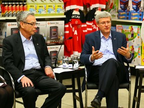 Joe Oliver and Stephen Harper during a roundtable discussion with the Retail Council of Canada in Mississauga December 11, 2014. (Dave Abel/Toronto Sun)