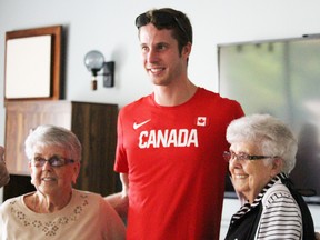 Neil Bowen/Sarnia ObserverOlympic gold medal high jumper Derek Drouin met two of his grandmother's friends, Ruby Robbins (left) and Betty Maidment prior to Saturday's congratulatory parade through his hometown of Corunna. Photograph taken Saturday, Aug. 27, 2016 Corunna, Ontario.NEIL BOWEN/SARNIA OBSERVER/POSTMEDIA NETWORK