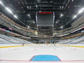 The ice makers at Rogers Place installed the skating surface some days ago, but nobody will skate on it until the keys to the arena are turned over to the Oilers on Sept. 1. (Jeff Nash, OEG)