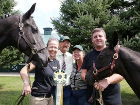 Northern Legacy Horse Farm owners Katriina Ruotsalo, left, and Craig Fielding, right, pose with judges Otto Schalter and Ann Daum Kustar, along with their broodmare Ellen and foal Calviloo on Thursday. Both horses were rated a gold by the Rheinland Pfalz-Saar International judges. North American horses registered with the RPSI are eligible to compete and breed in Germany. (Gino Donato/Sudbury Star)