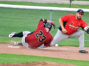 The St. Thomas Cardinals’ fielder wasn't quite on the ball as the Mitchell Astros' Aaron Leppington slides safely into third base during action from the Thames Valley Senior Baseball playoff tournament Aug. 19 at Cooper Standard diamond. The Astros won 8-1, but were eventually eliminated in the semi-final by Kincardine. GALEN SIMMONS MITCHELL ADVOCATE
